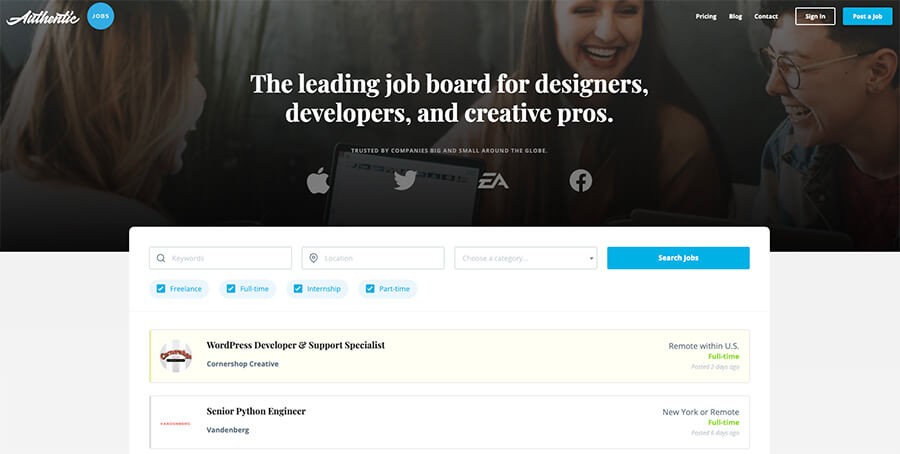 Authentic Jobs (Screenshot of Homepage) Freelance Jobs for Software Developers