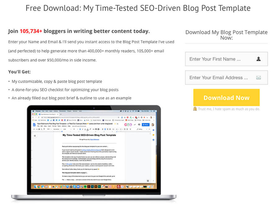 Blog Post Template Screenshot Example in Content Upgrade Blogging Terms