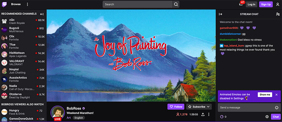 Bob Ross Live Streaming Content Types Example (Screenshot)