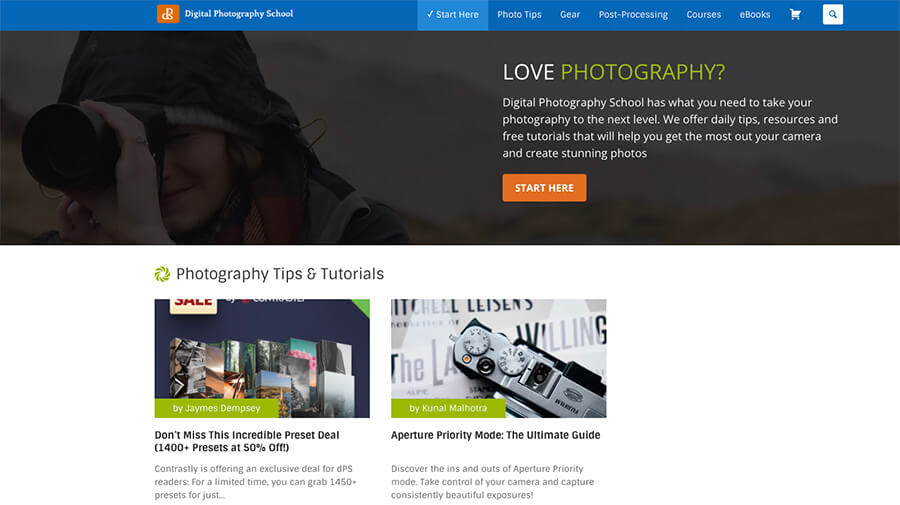Digital Photography School (Blog Name Example and Idea) Screenshot of Homepage