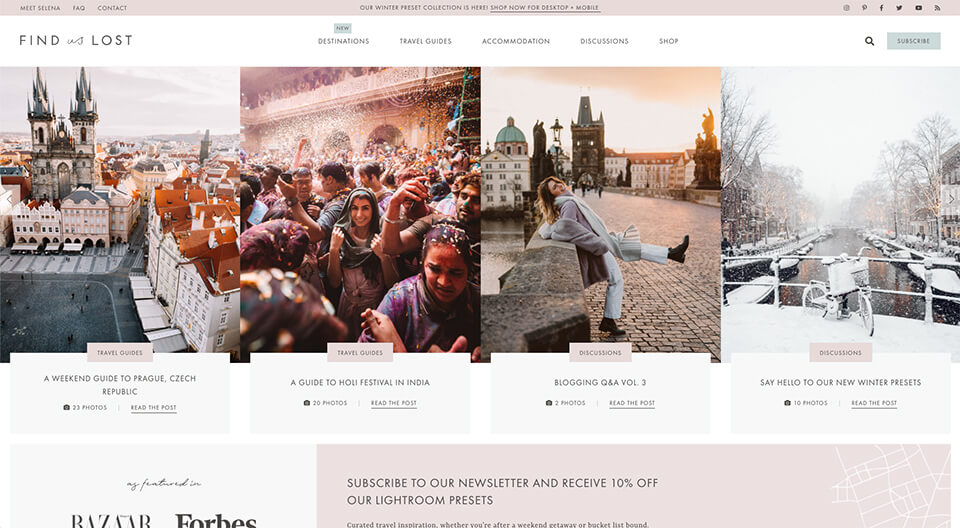 Find Us Lost Homepage Screenshot (Travel Blog Design Example)