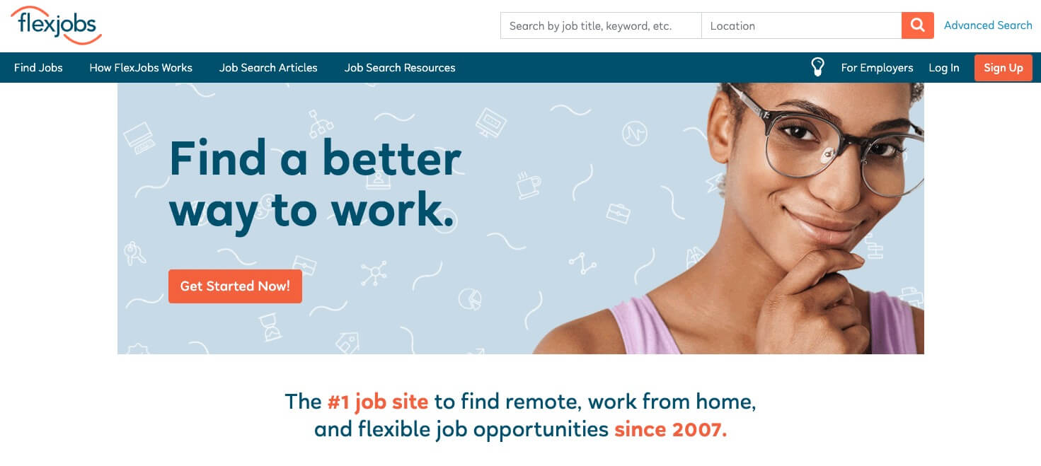 Flexjobs Homepage Screenshot (Blogging Jobs Site) Example