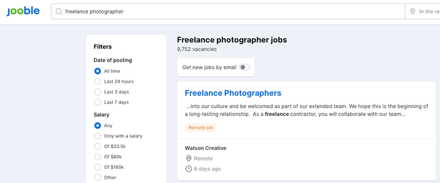 Freelance Job Websites (Jooble Screenshot) for Photographers