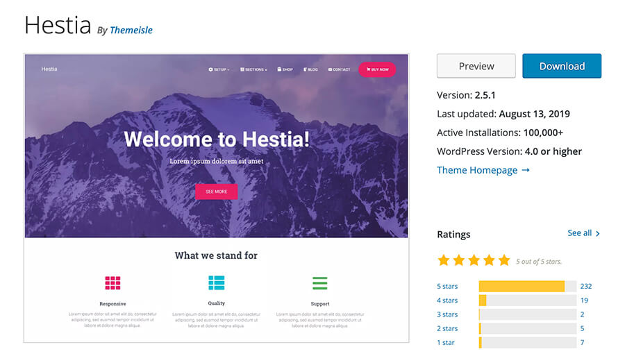 Hestia WordPress Theme Screenshot of Homepage