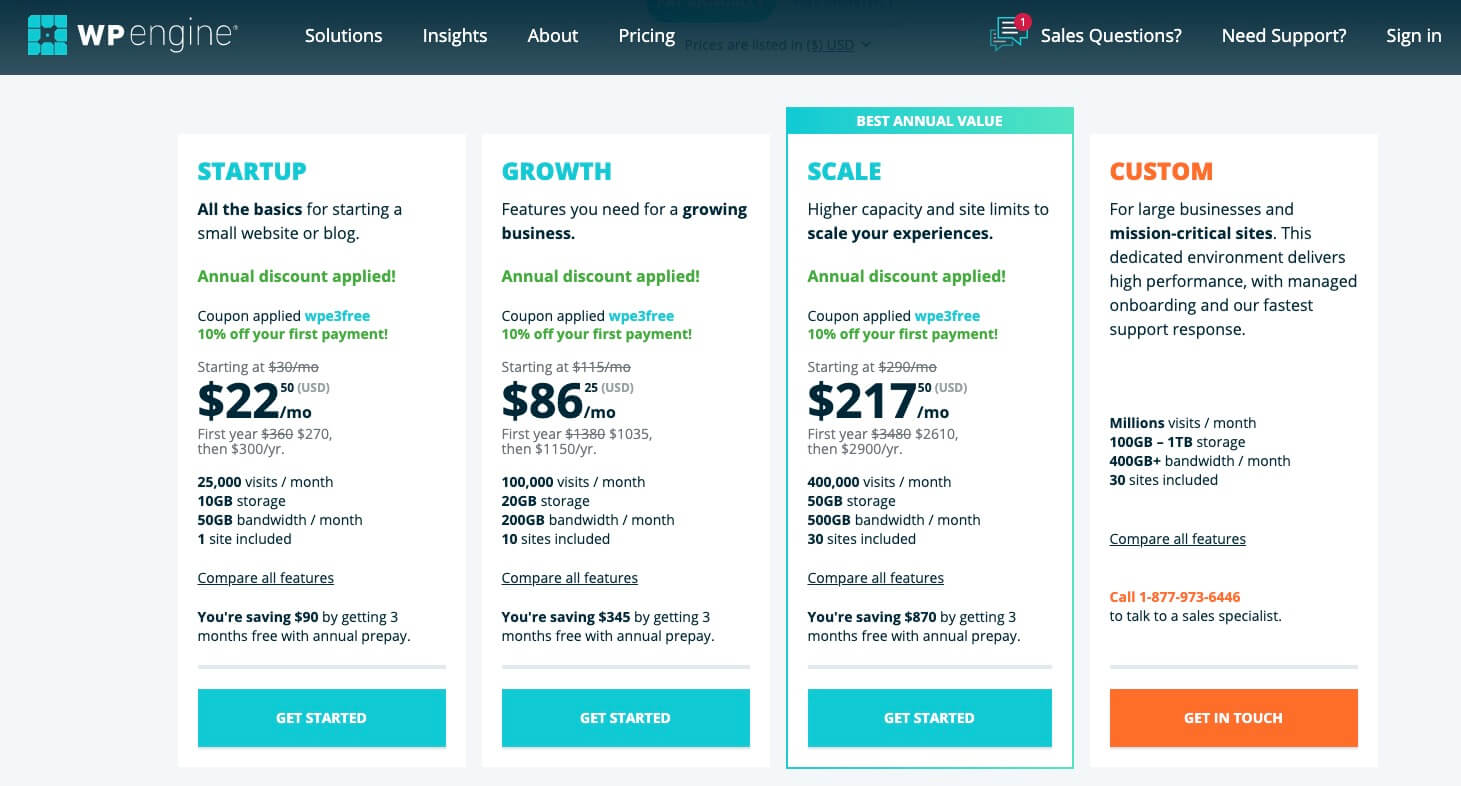 Hosting Plans for Bloggers (WP Engine Plan Pricing Comparison Chart) Screenshot