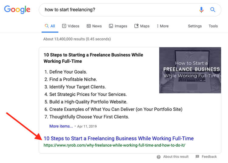 Example of Blog Post Featured Snippet Question and Answer (Screenshot of Google Results)