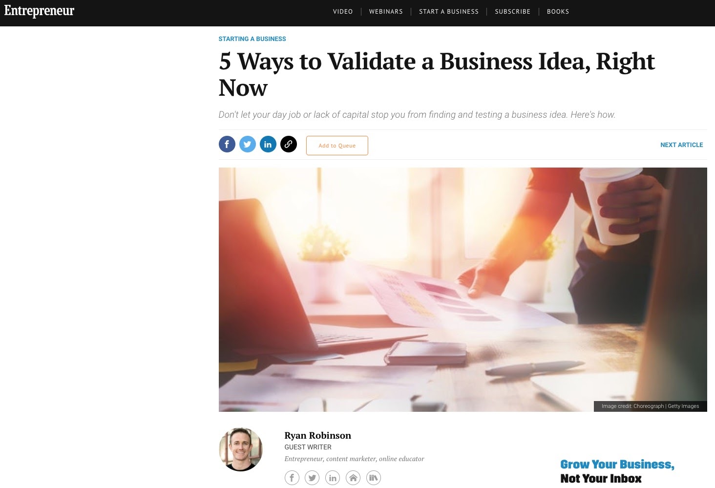 How to Become a Contributor to Publications (Like Entrepreneur) Ryan Robinson Contributor Screenshot Example