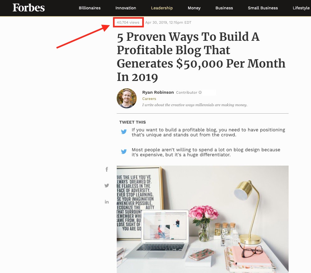 How to Write for Publiucations Like Forbes Screenshot of Ryan Robinson Article Reader Count Example