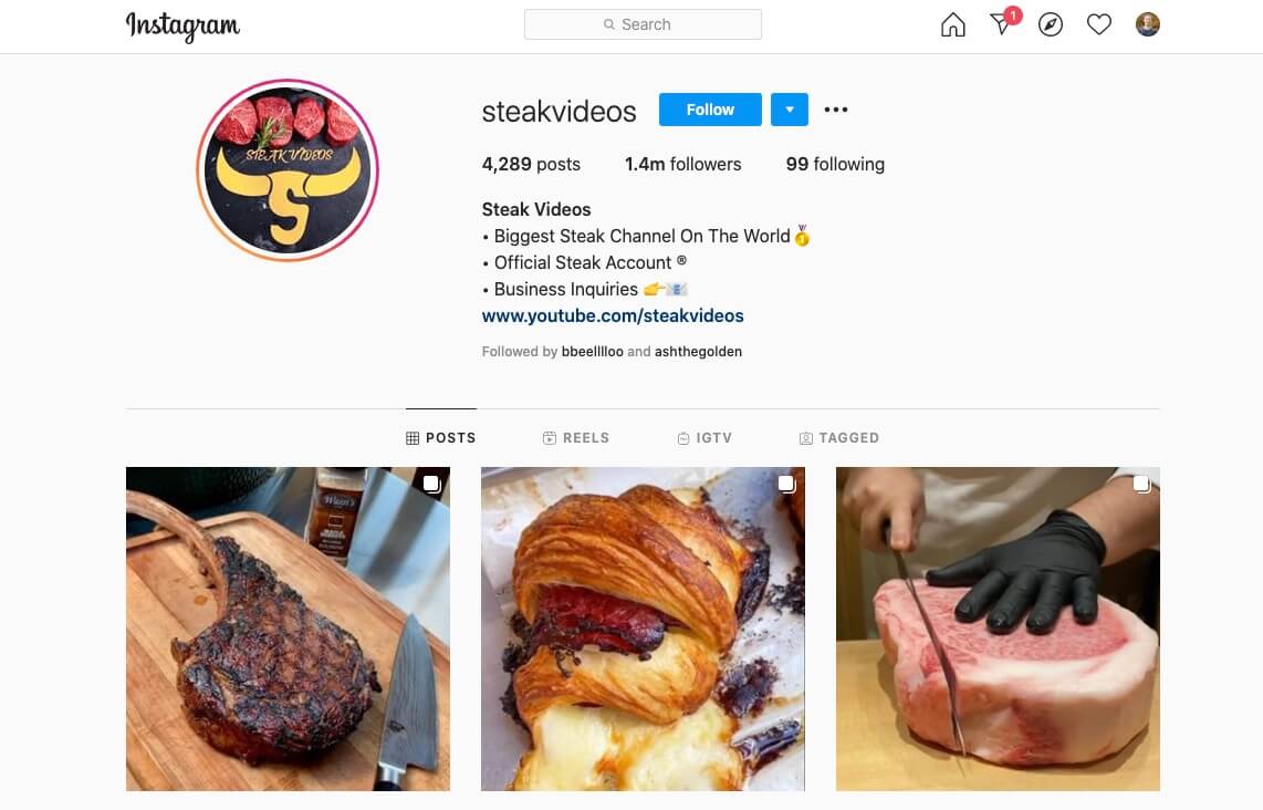 Instagram Account Example (Steak Videos Screenshot)