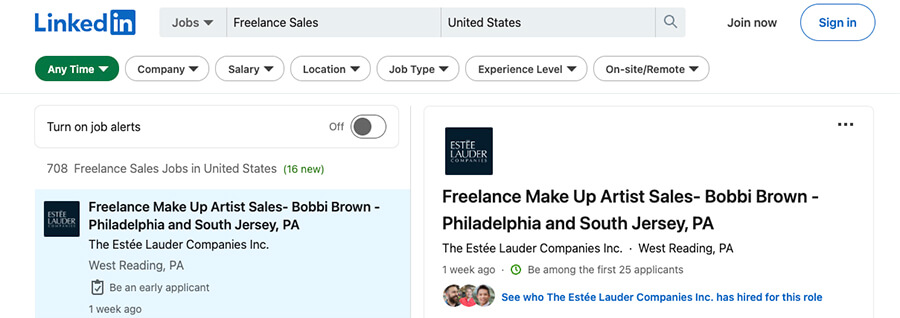 LinkedIn's Freelance Job Website Platform (Screenshot of Sales Jobs for Freelancers)