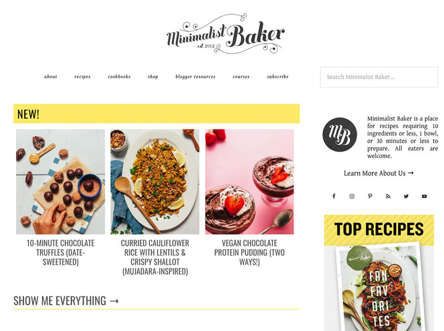 Minimalist Baker Example of How to Start a Food Blog Homepage