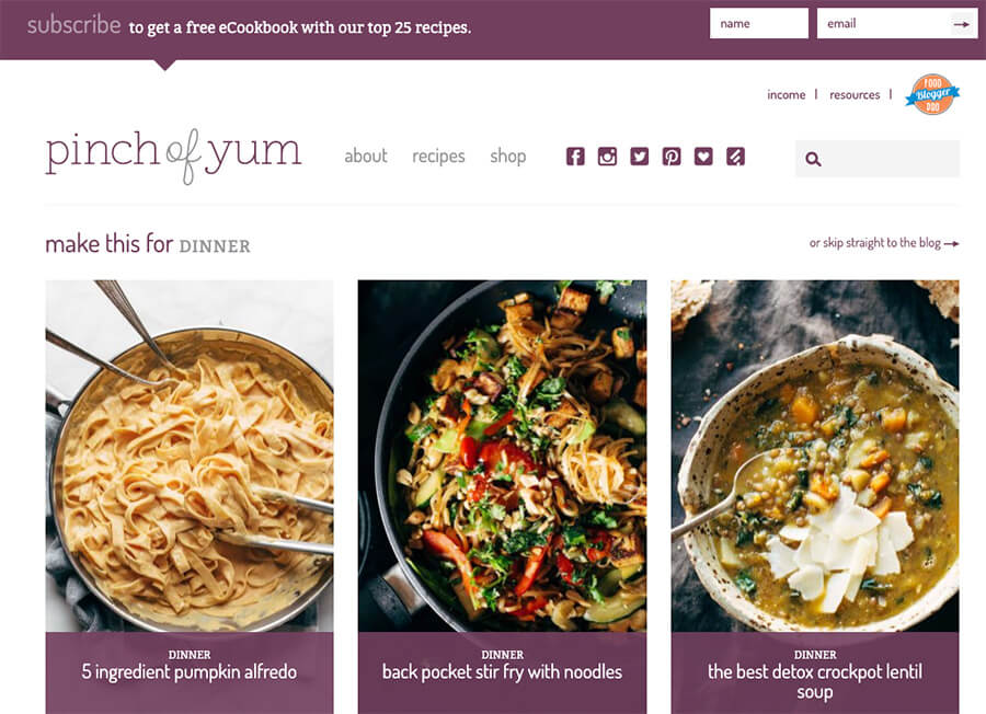 Pinch of Yum Food Blogger Homepage Example