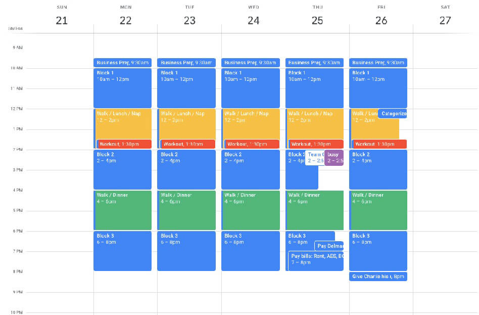 Prioritization of Your Calendar (Key Blogging Skills) Screenshot of Google Calendar Example