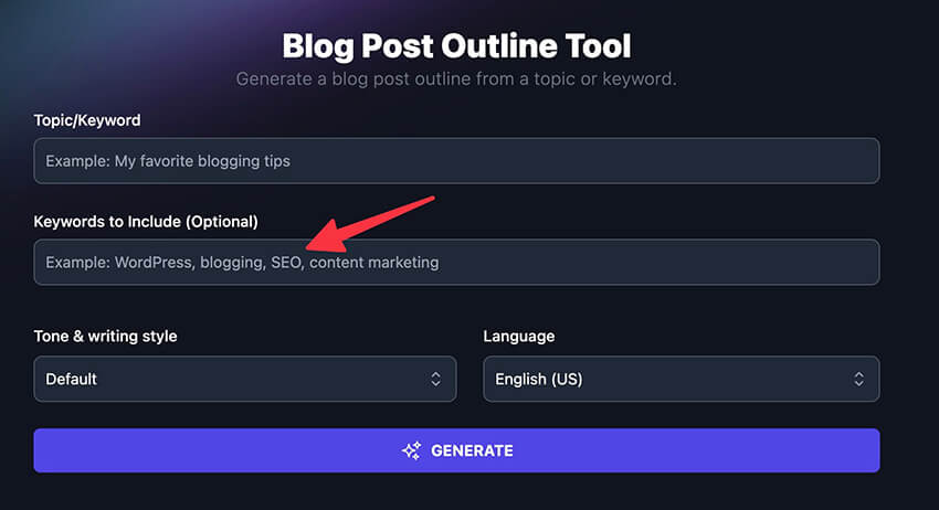 RightBlogger-Blog-Outline-Generator-Keywords-Field-Optional-Feature-Screenshot