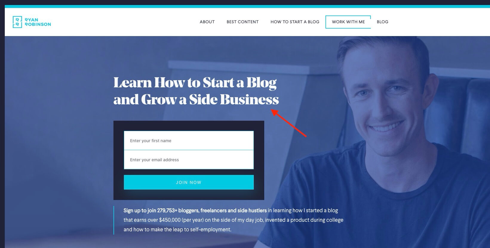 Ryan Robinson Homepage Screenshot (How to Make Money Blogging Guide Example)