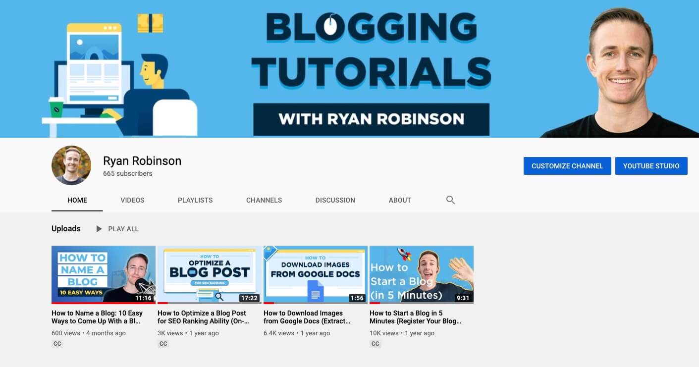 Ryan Robinson YouTube Channel Screenshot (Example)
