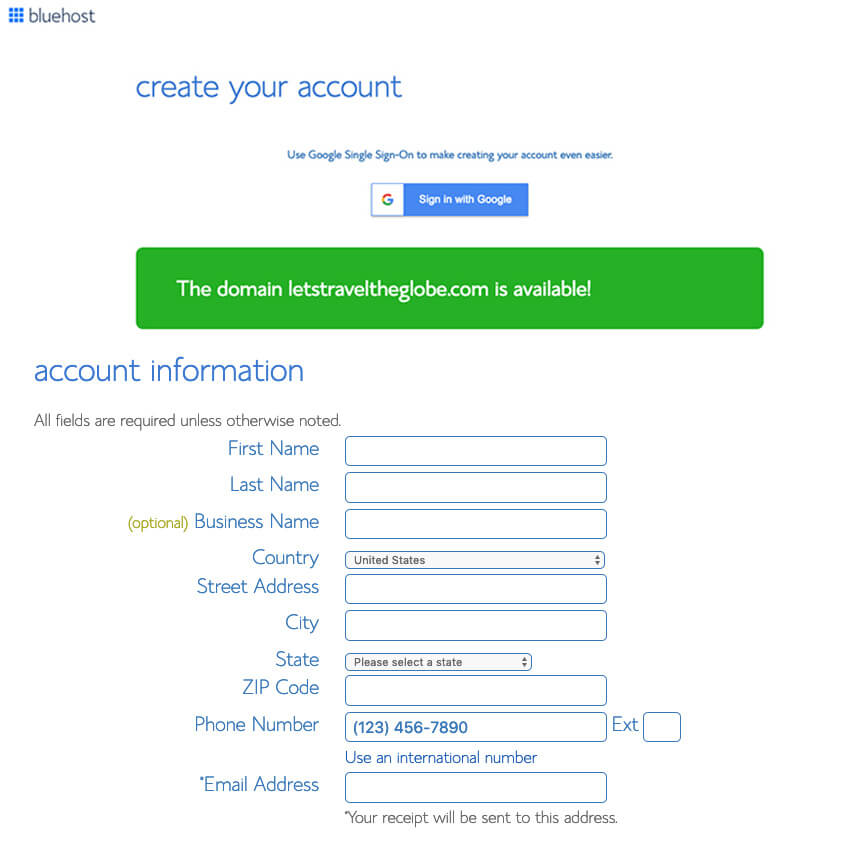 Filling Our Your Account Information on Bluehost (Screenshot) to Get Blog Hosting