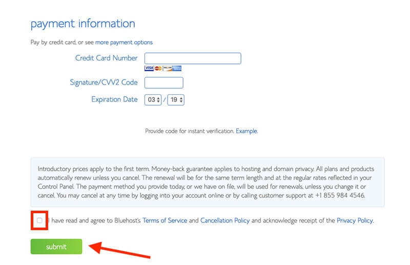 Final Step of Billing Information on Bluehost (Payment Information Screenshot) Example
