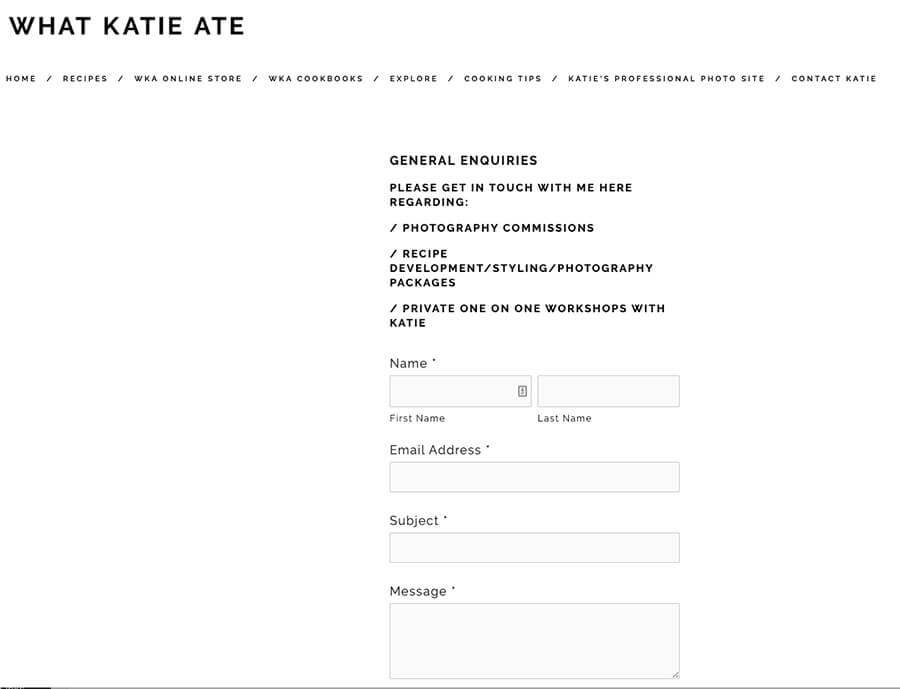 What Katie Ate Food Blogger Contact Page Example