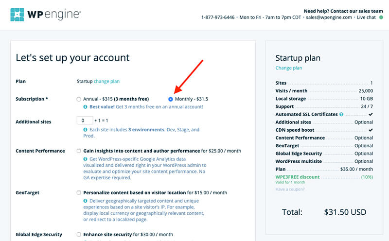 WP Engine Screenshot of Selecting Monthly Hosting Plan Option for Starting Up