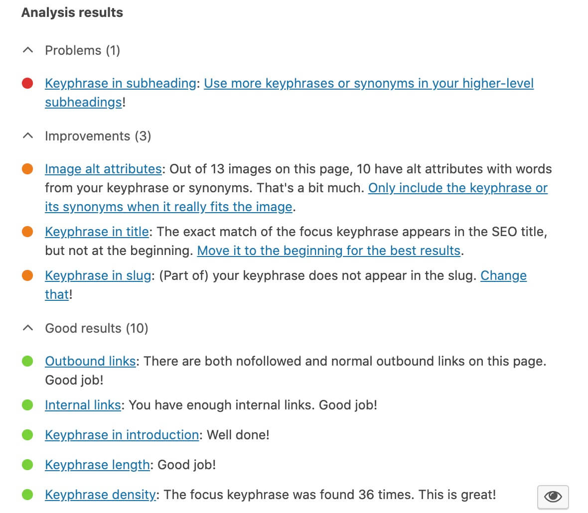 Yoast SEO Plugin for WordPress (Screenshot) of Analysis