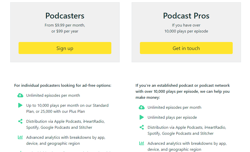 Audioboom Podcast Hosting Plan Pricing (Screenshot)