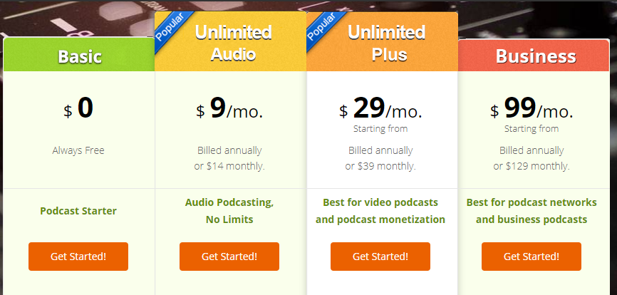 PodBean Pricing Table and Comparison (Screenshot)