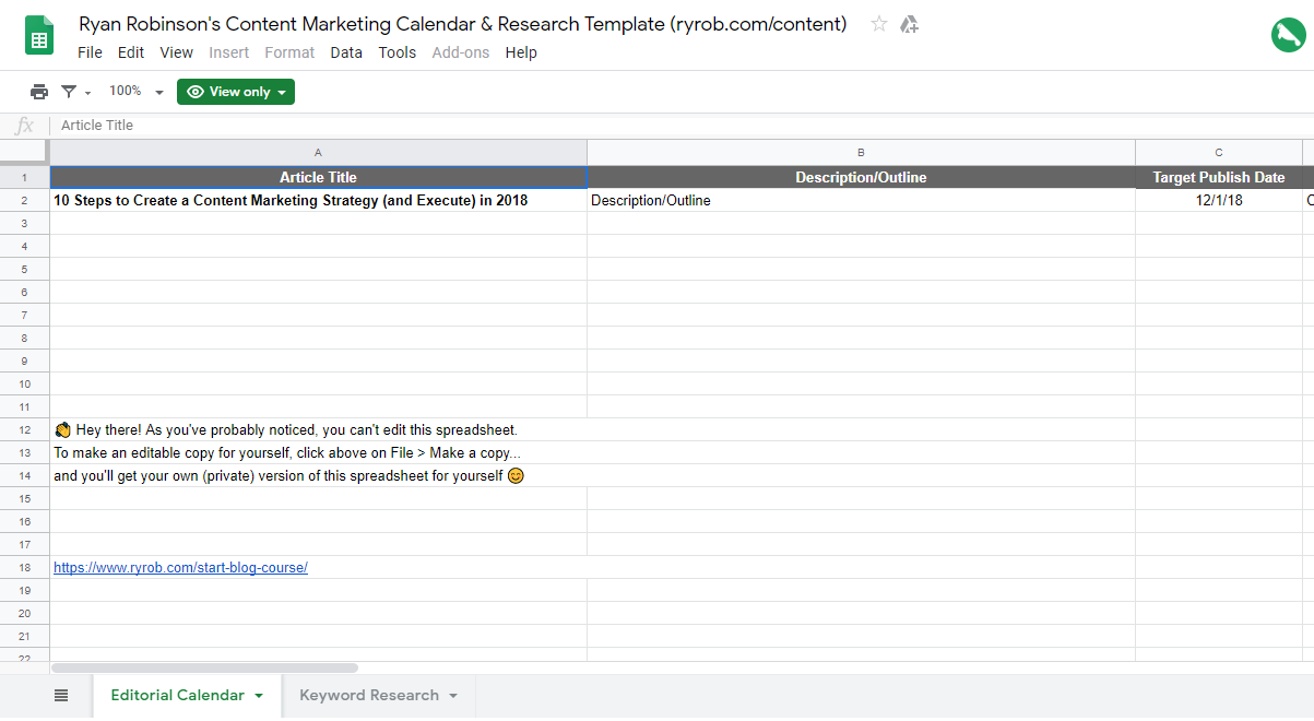 How to Develop a Content Strategy (Calendar Screenshot Google Doc) in a Blog Business Plan