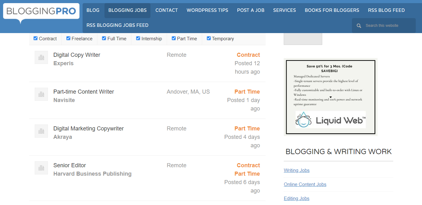 Examples of Open Listings (Screenshot of Blogging Pro)