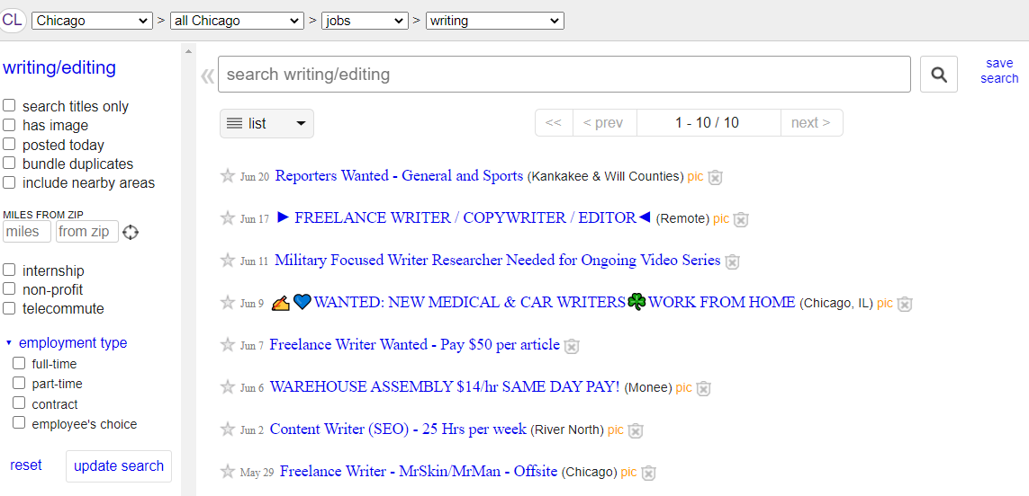 Craigslist Screenshot (Freelance Writing and Blogging Work Examples)