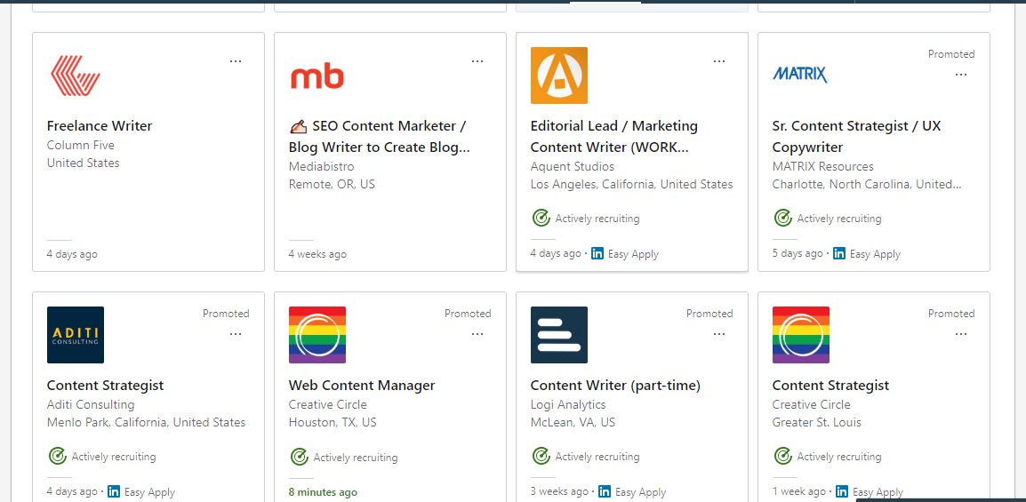 Screenshot of LinkedIn Blogging Jobs and Freelance Writing Openings