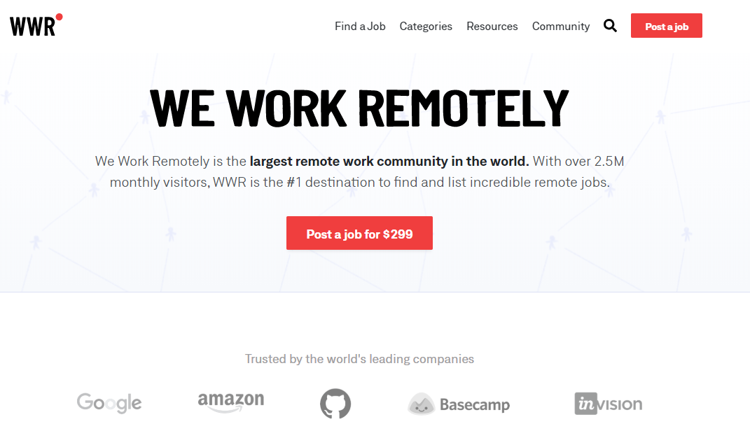 We Work Remotely Homepage Screenshot (Remote Blogging Work)