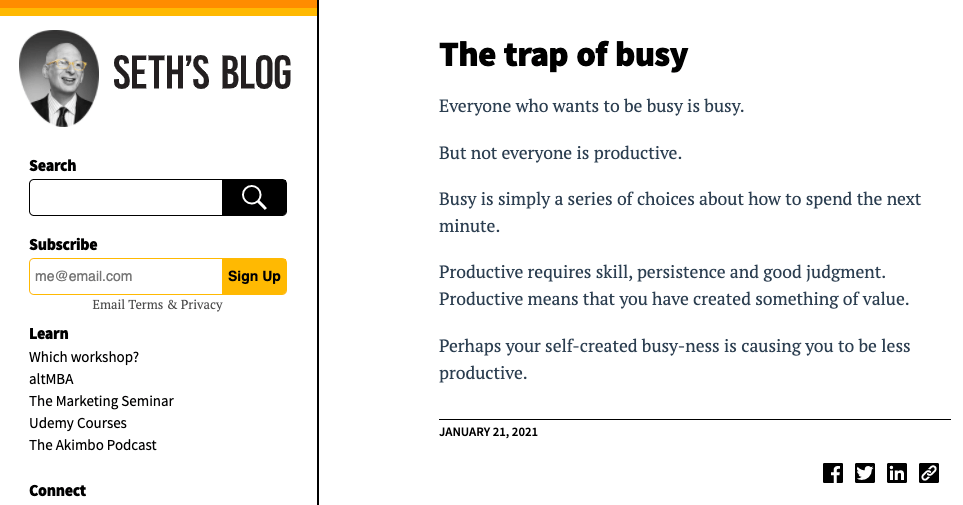 Example of an essay style blog post (from Seth Godin)