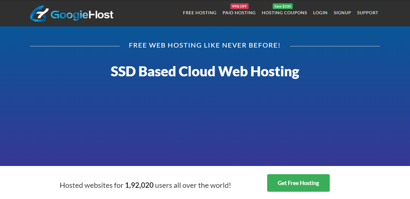 GoogieHost Homepage Screenshot and Explanation of Plans and Pricing