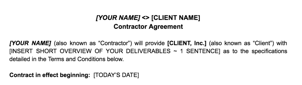 Freelance Contract Heading and Basic Details