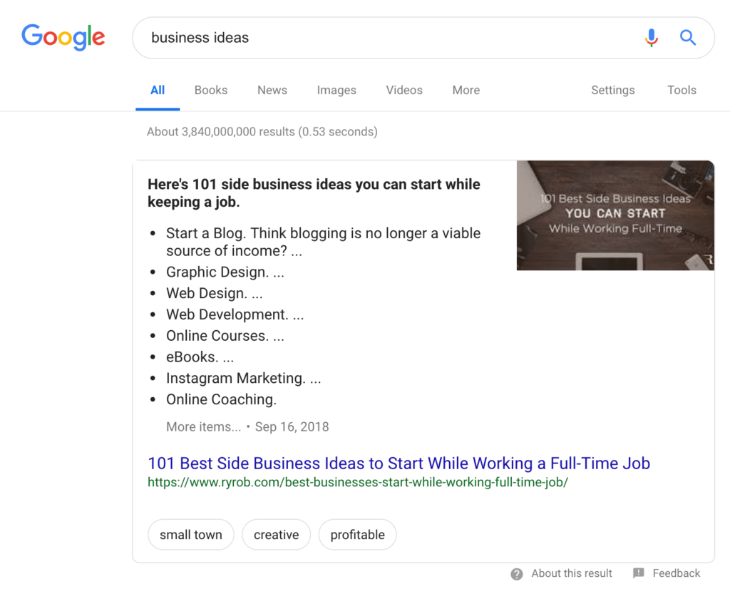Blog SEO Example of Featured Snippet Ranking in Search Results ryrob