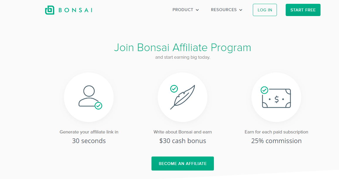 Bonsai Affiliate Program Landing Page (Screenshot)