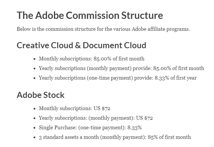Adobe Affiliate Payout Rates (Screenshot) and Graphic