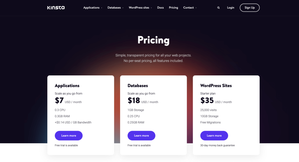 Kinsta's Web Hosting and WordPress Hosting Pricing (Screenshot)