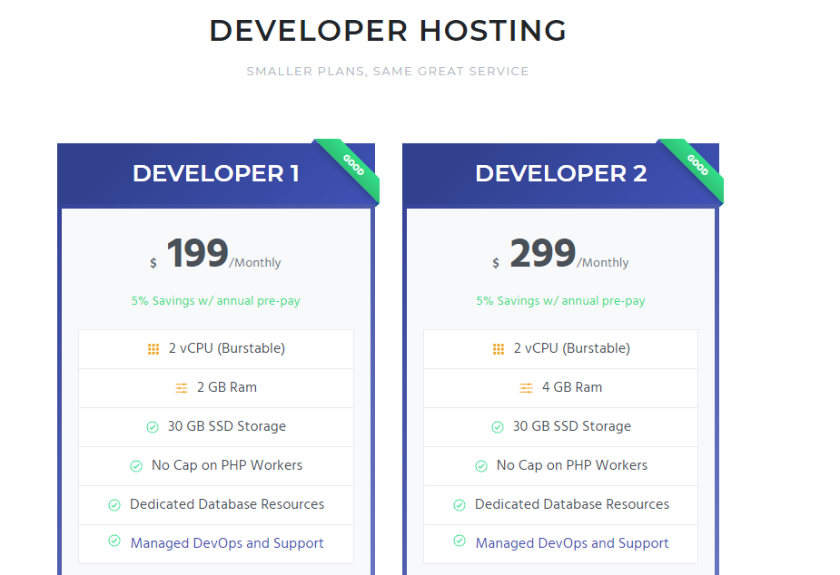 Pricing Screenshot Developer Hosting from Pagely