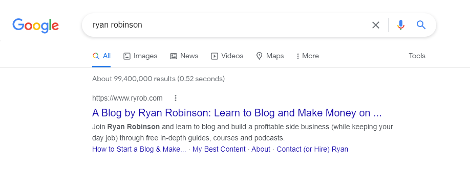 How to Rank on Google (Faster) and Show up in Google Results Ryan Robinson Search Example Screenshot