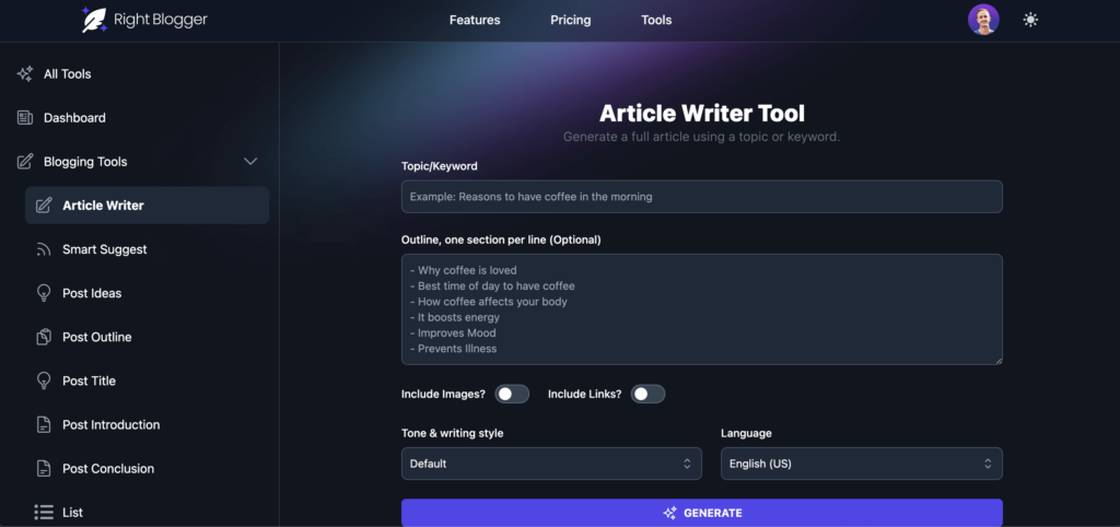 AI SEO tool RightBlogger. The screenshot is showing the article writer tool screen.