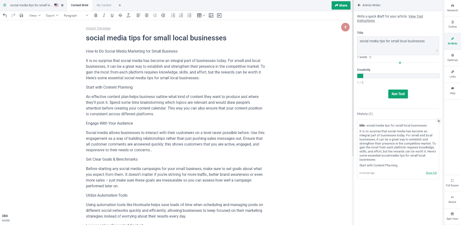 AI SEO tool Frase. The screenshot shows an article being drafted by Frase, on the topic Social Media Tips for Small Local Businesses.