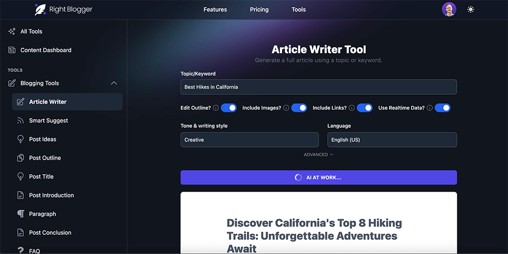 Screenshot showing the Article Writer Tool within the AI blogging tool RightBlogger