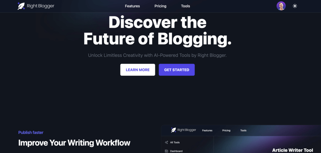 RightBlogger AI Content Generation Tool for Bloggers Homepage Screenshot