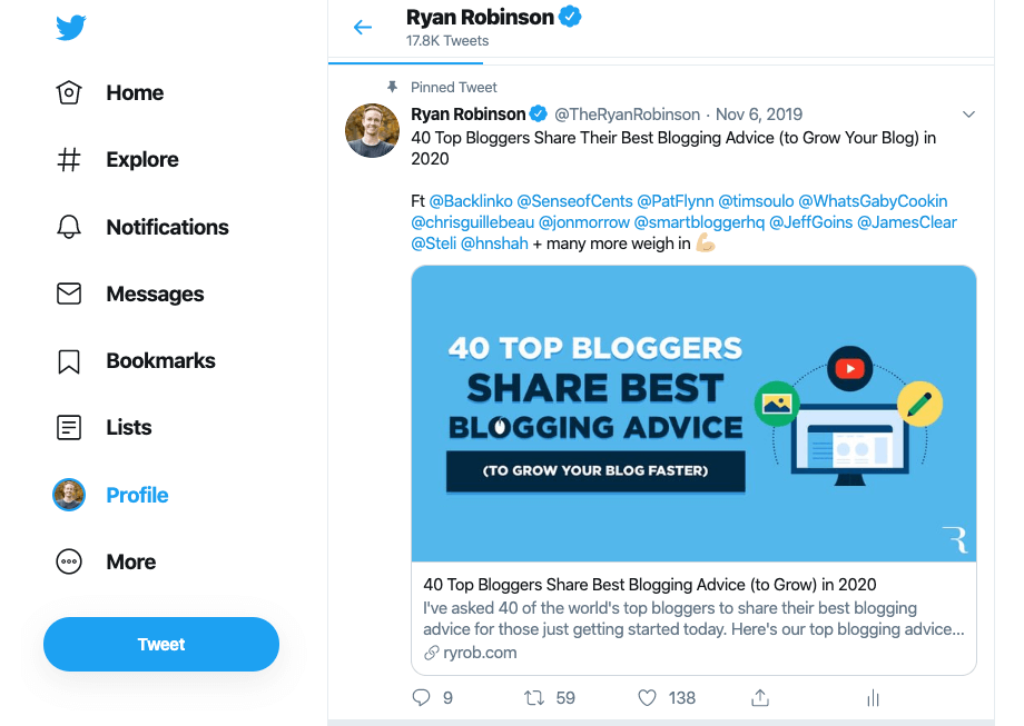 Ryan Robinson Twitter Account Screenshot to See How to Promote Content on Social Media in Your Blog Business Plan