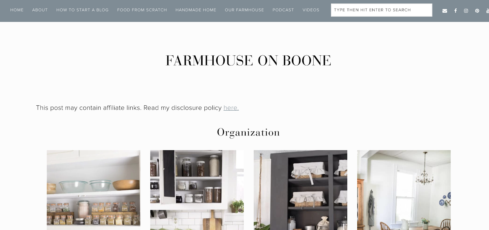Farmhouse on the Boone Homepage Screenshot and Example of Home and Wellness Niche
