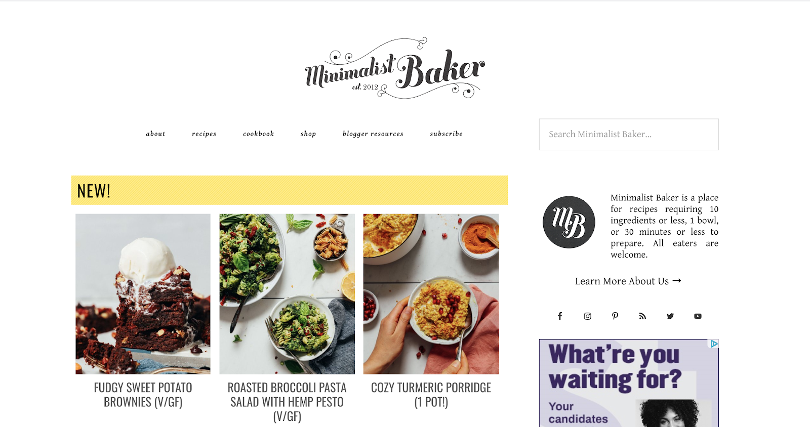 Minimalist Baker Homepage Screenshot and Example of a Great Blog Name