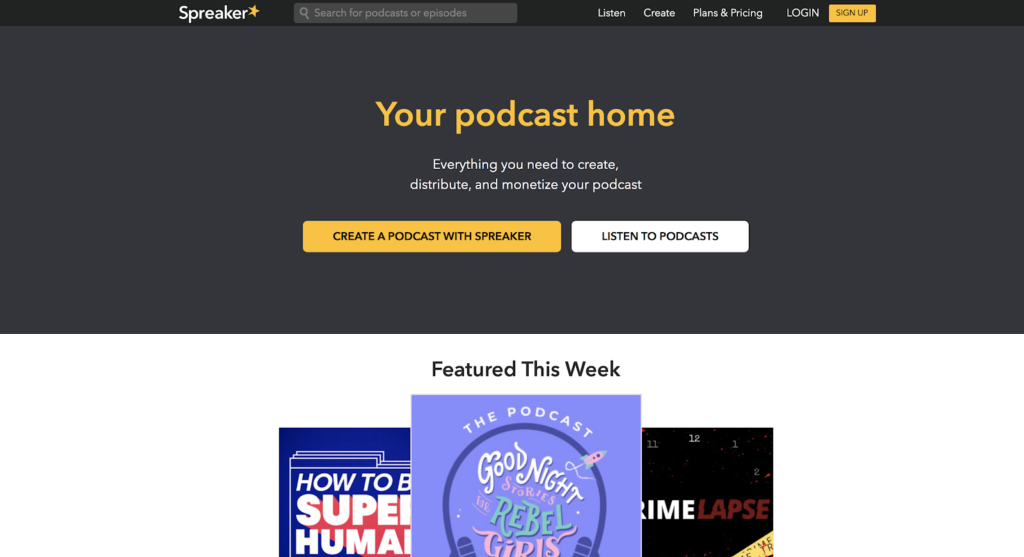 Spreaker Podcast Hosting Platform (Homepage Screenshot)