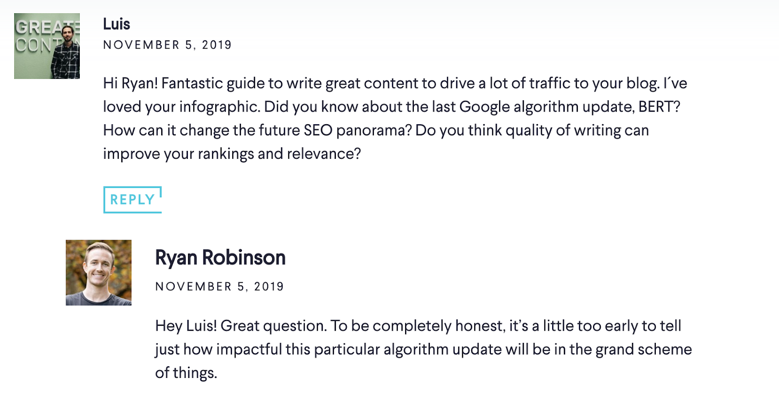 Example of Blog Commenting to Build Relationships with a Contributor (Screenshot)